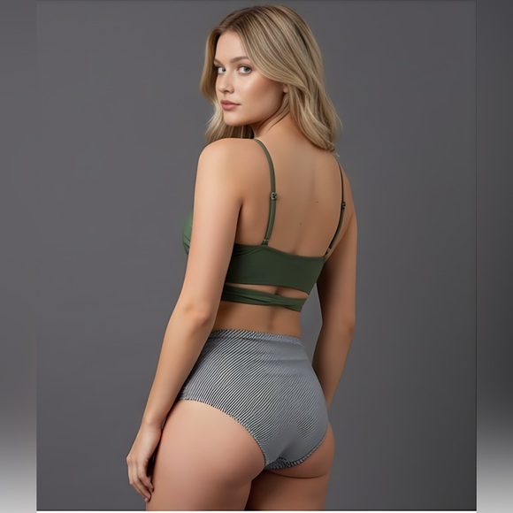 Olive Striped Twist Front High Waisted Bikini Swimsuit - Picture 3 of 6